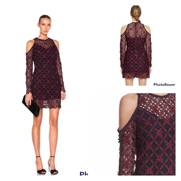 SELF-PORTRAIT Red Blue Guipure Lace Cold Shoulder Mini Dress Size 0 - Picture 4 of 14